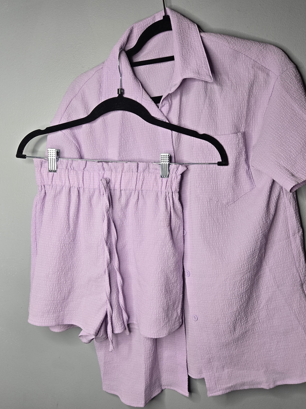Lavender Textured Two Piece Shorts Set Button Down Shirt XS/S